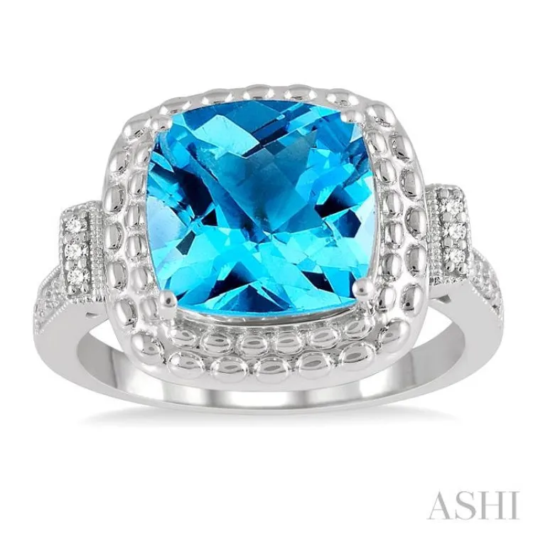 1/50 Ctw Round Cut Diamond & 10x10 MM Cushion Shape Blue Topaz Semi Precious Ring in Sterling Silver