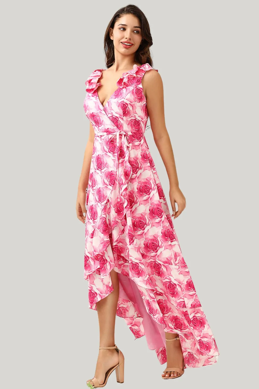 A Line V Neck Pink Flower Printed Asymmetrical Dress with Ruffles