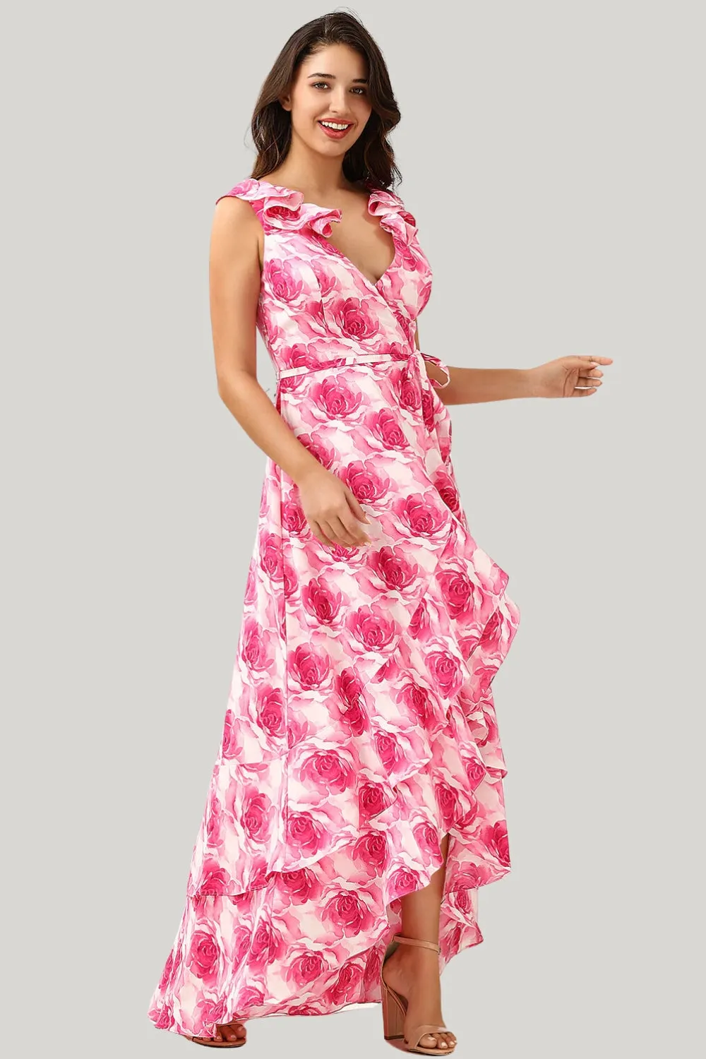 A Line V Neck Pink Flower Printed Asymmetrical Dress with Ruffles