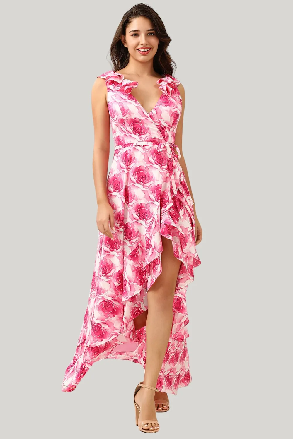 A Line V Neck Pink Flower Printed Asymmetrical Dress with Ruffles