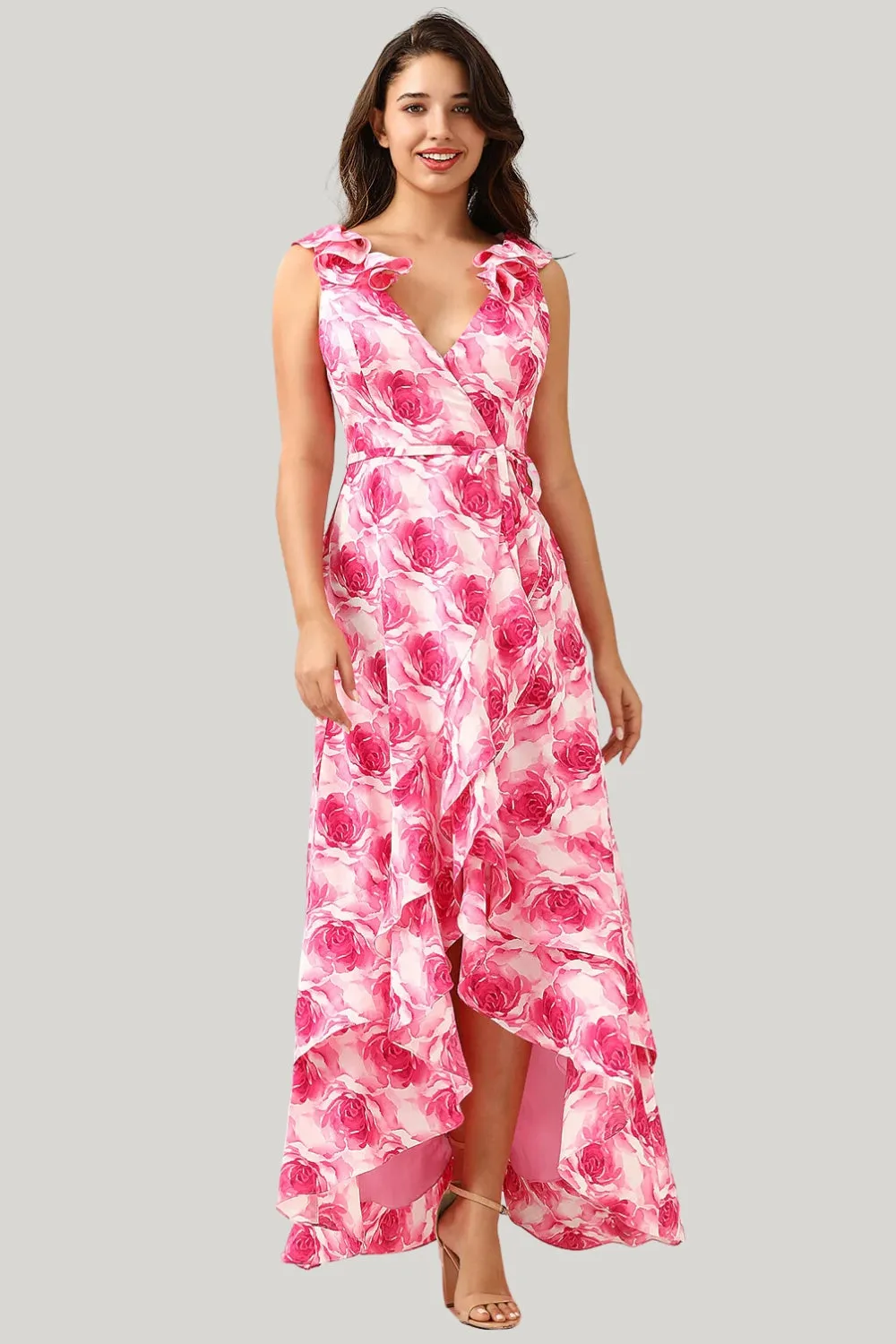 A Line V Neck Pink Flower Printed Asymmetrical Dress with Ruffles