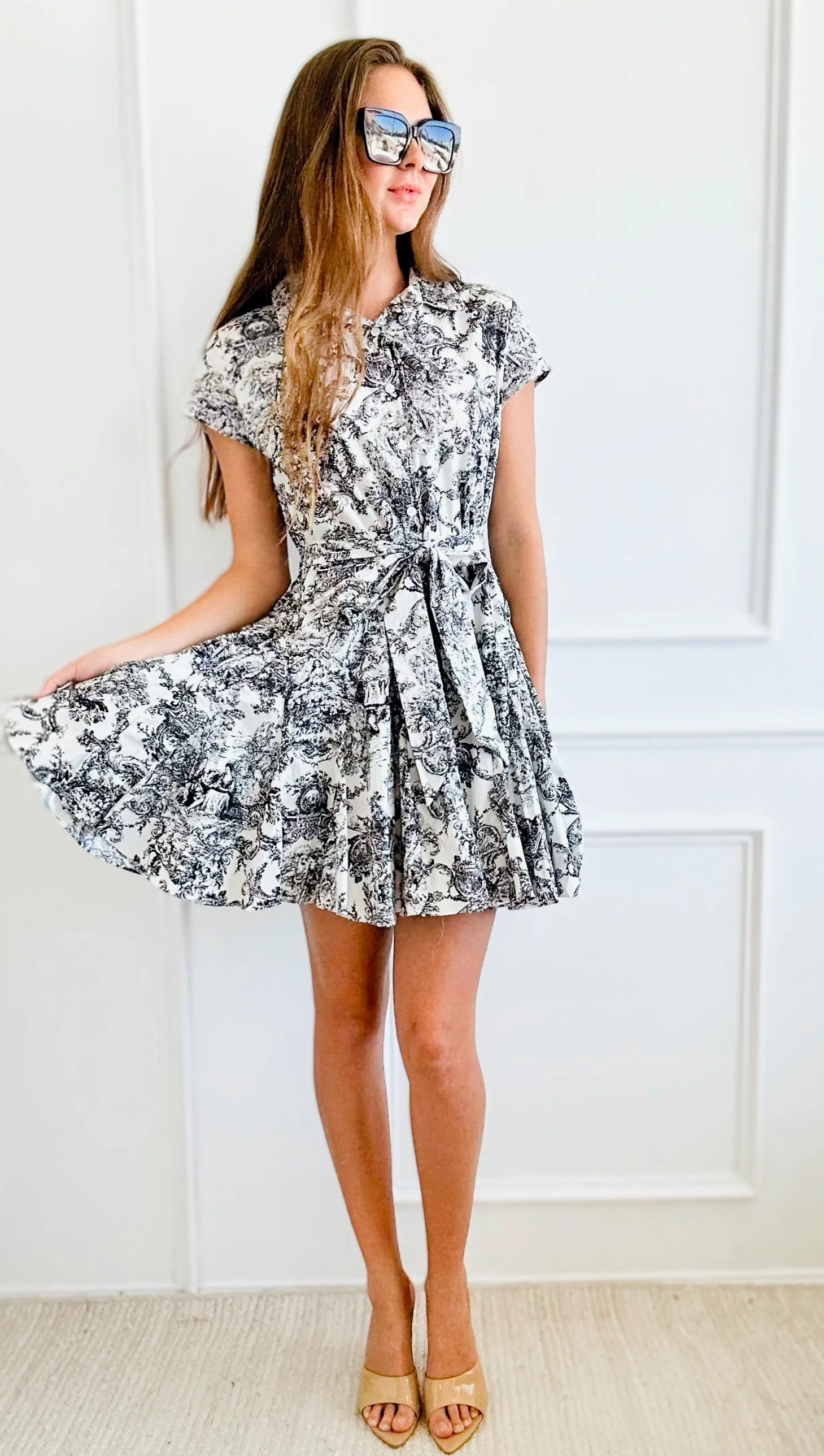 Belted Short Sleeve Button Down Printed Mini Dress