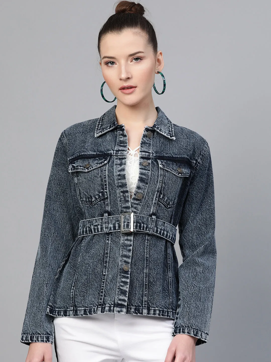 Black Acid Wash Belted Denim Jacket