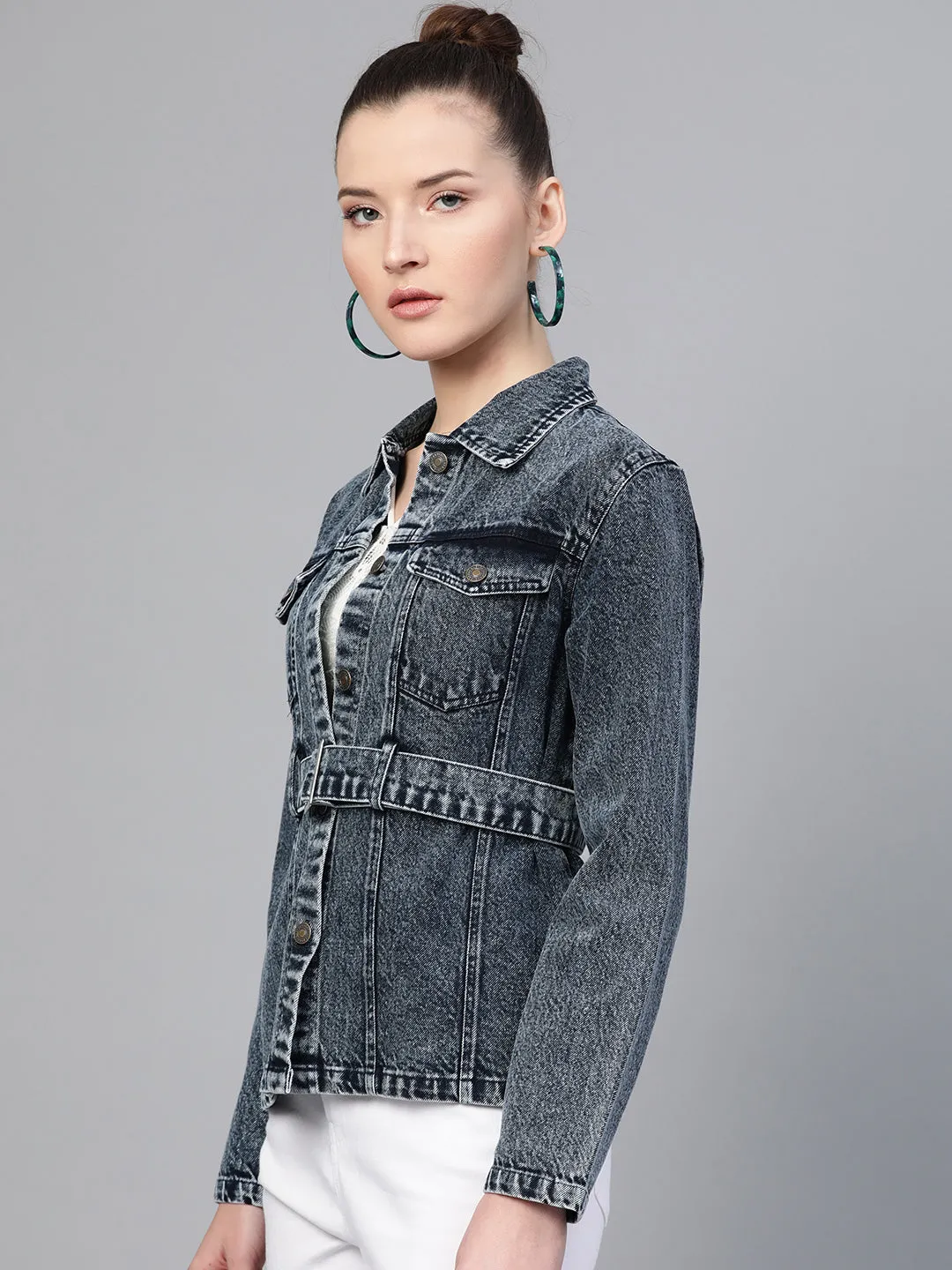 Black Acid Wash Belted Denim Jacket