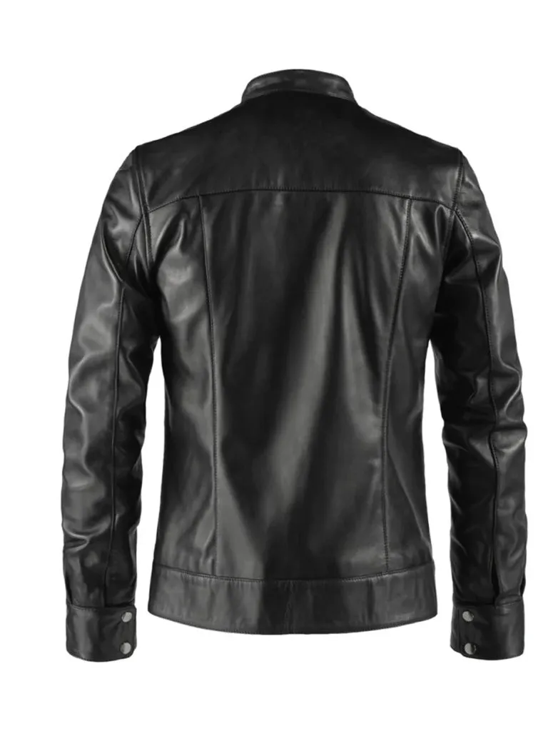 Black Biker Stripes Style Leather Jacket