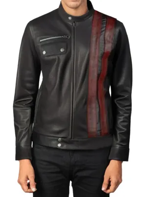 Black Biker Stripes Style Leather Jacket