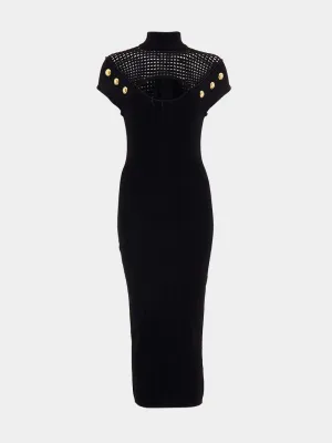 Black Button-Embellished Cutout Midi Dress