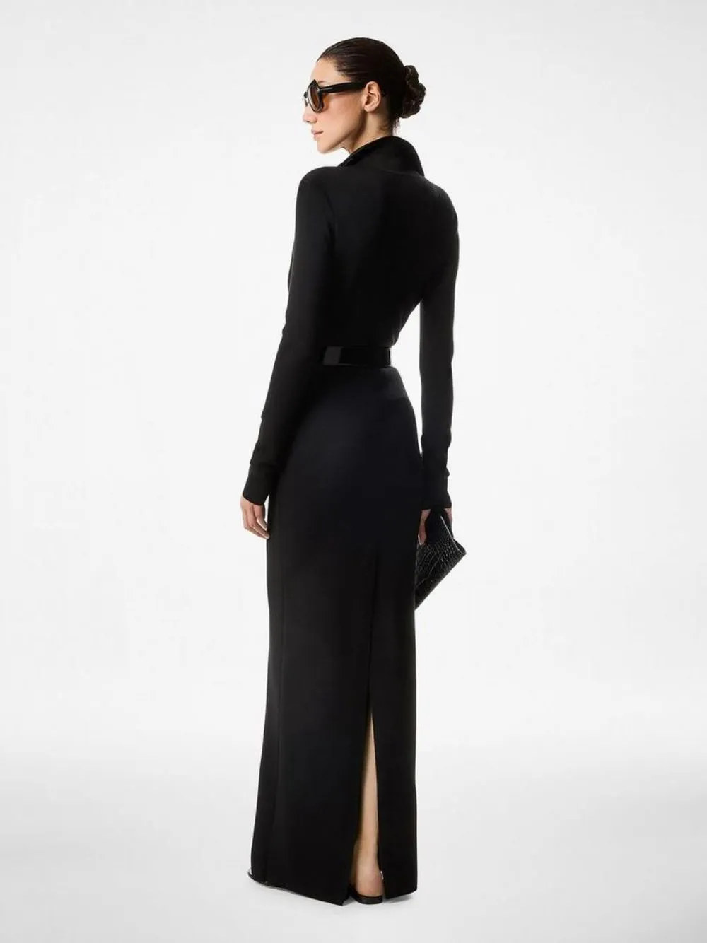 Black Full Needle Stretch Wool Polo Maxi Dress