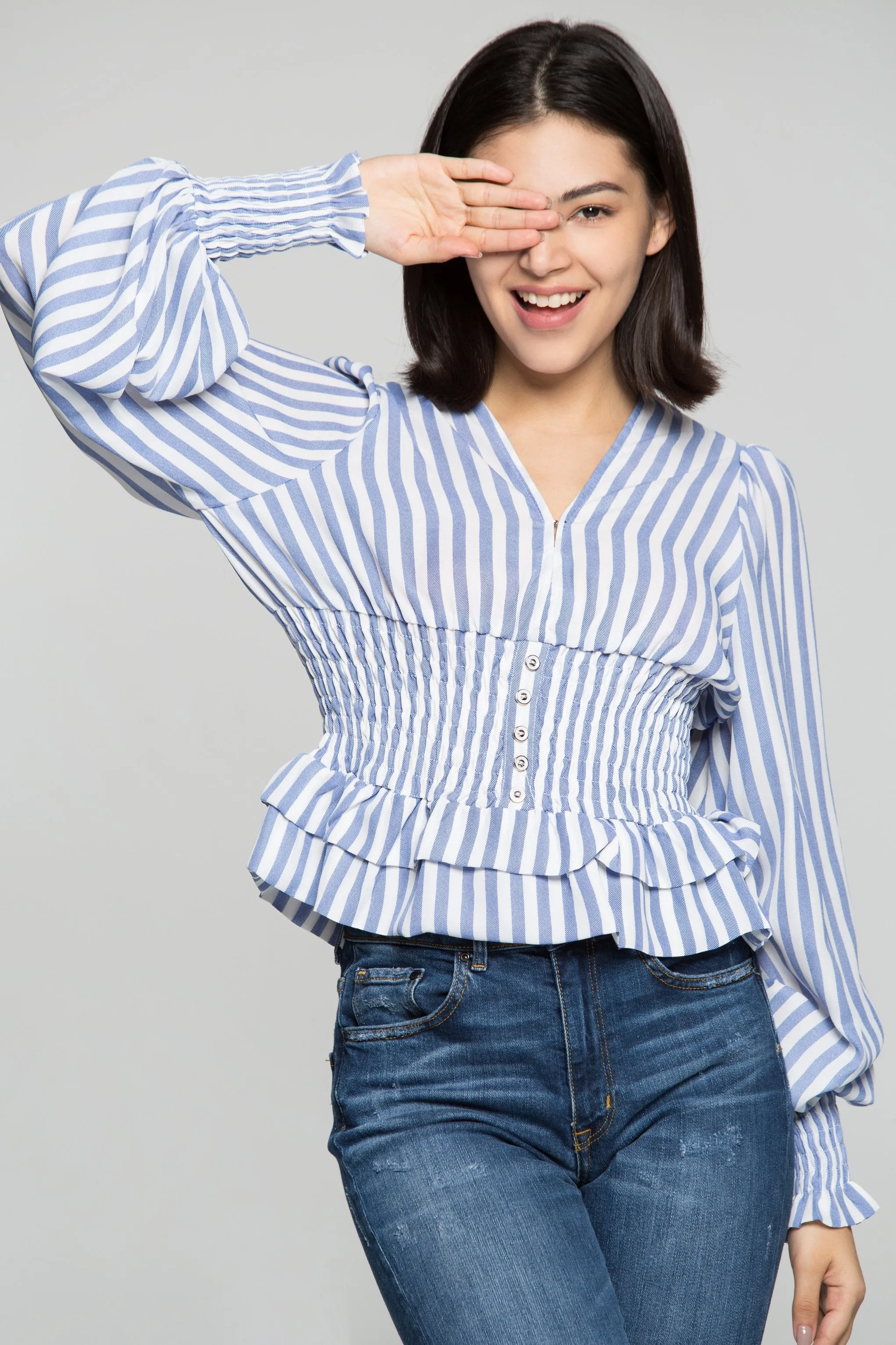 Blue and White Striped Smocked Waist Ruffles Peplum Top