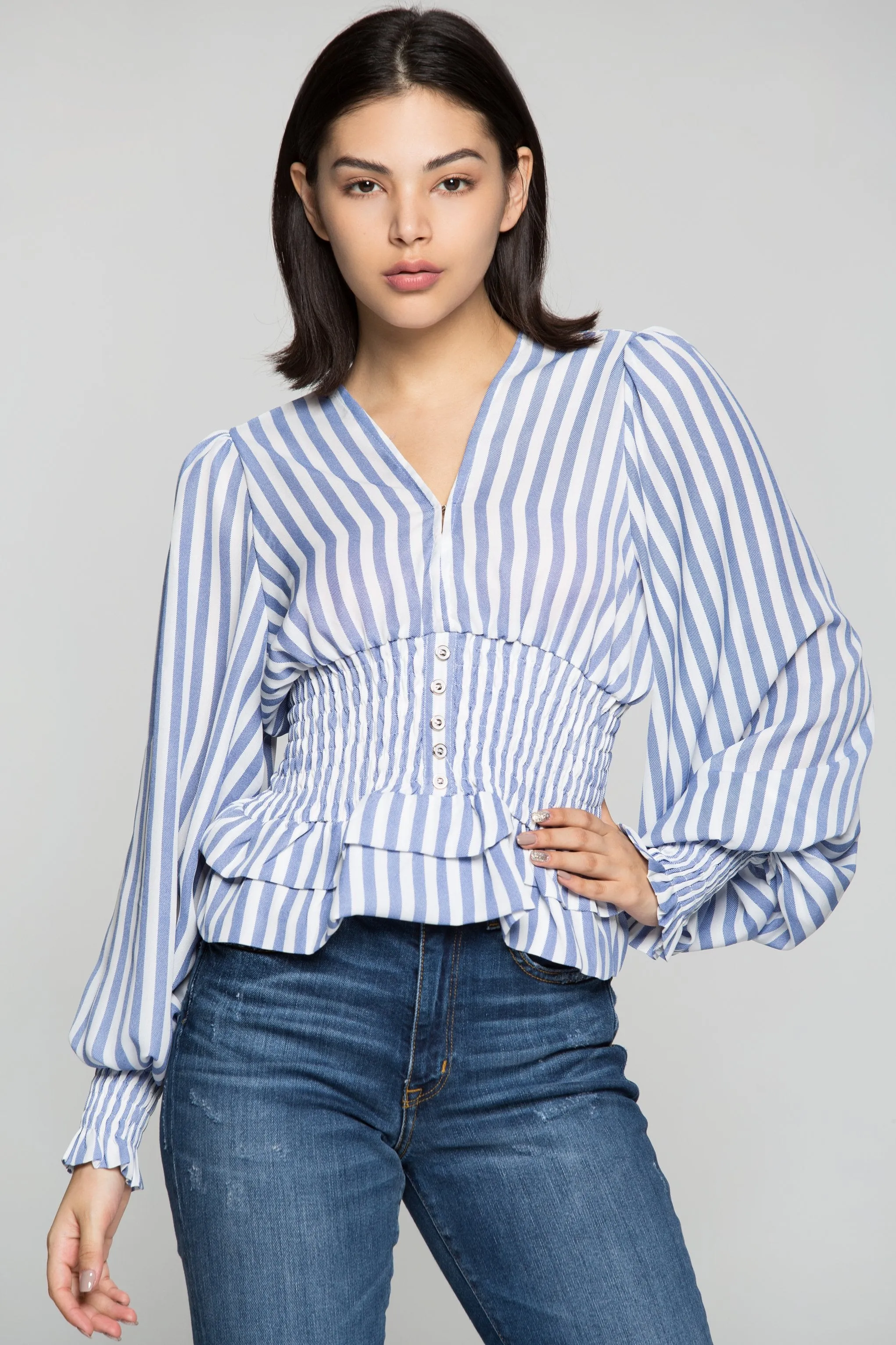 Blue and White Striped Smocked Waist Ruffles Peplum Top