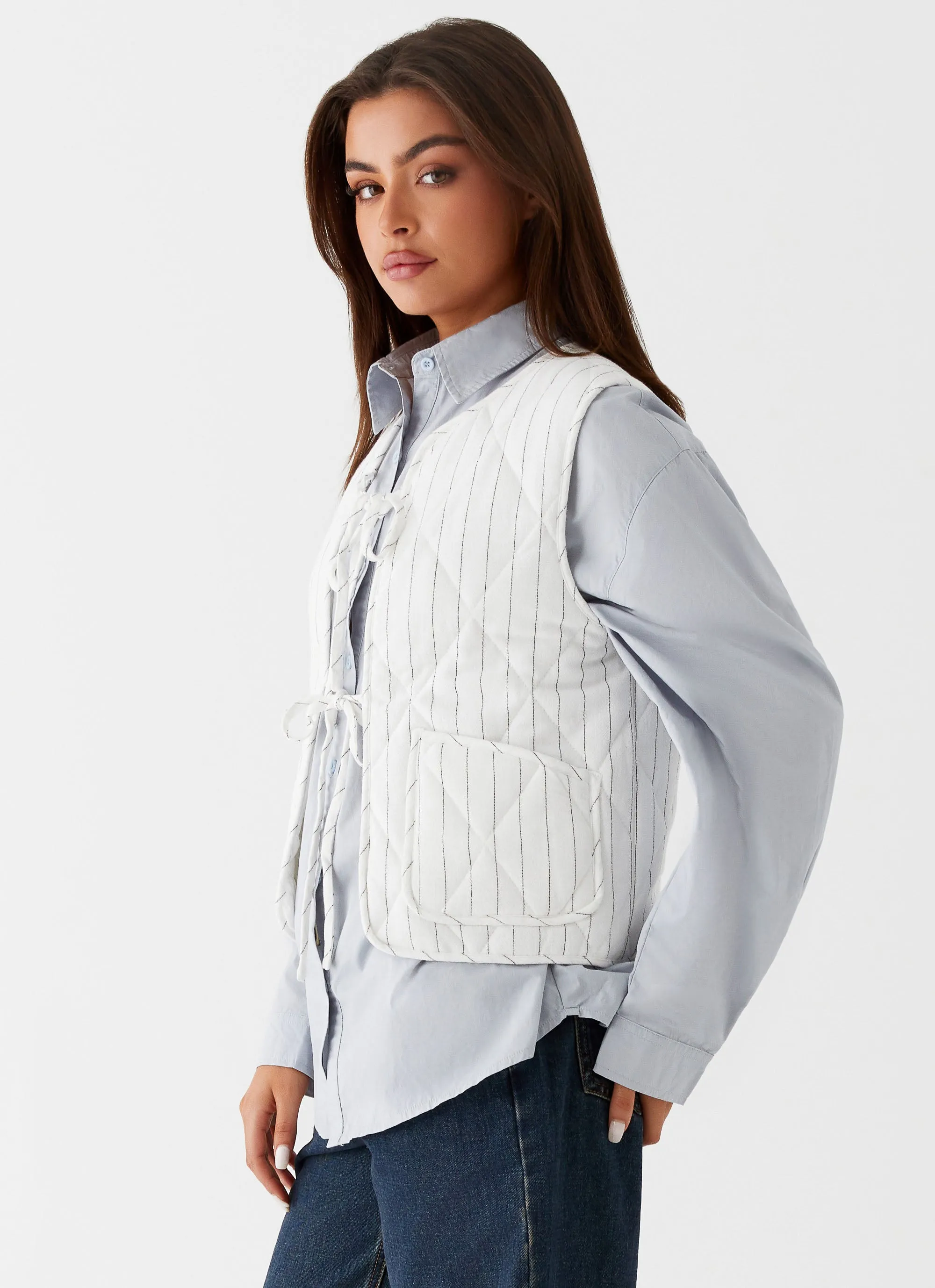 Celini Quilted Vest - White Pinstripe