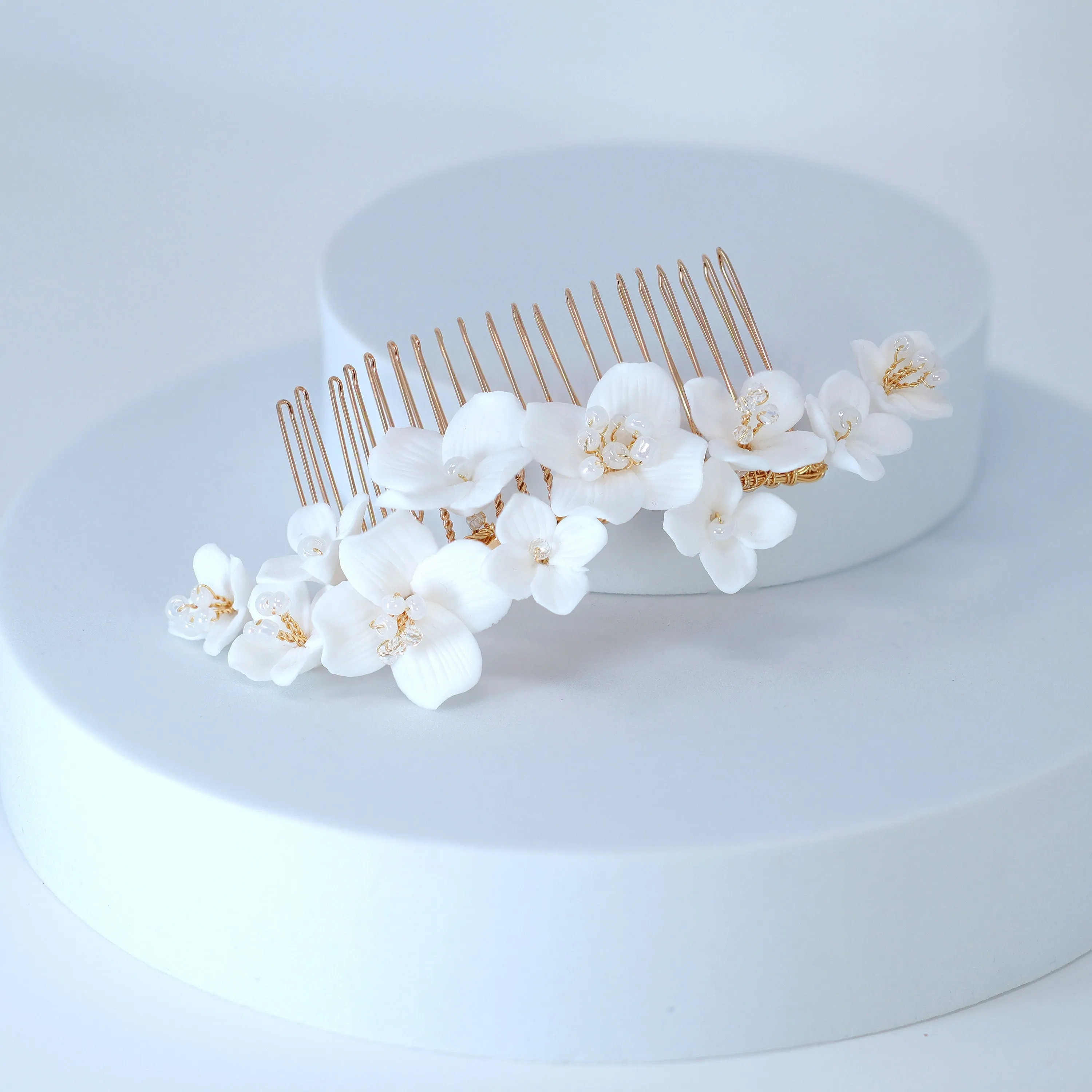 Ceramic White Flowers Pearl Hair comb,  Bridal Gold Finish Hair Piece, Bridal Hair Accessories, Wedding Hair Accessory.