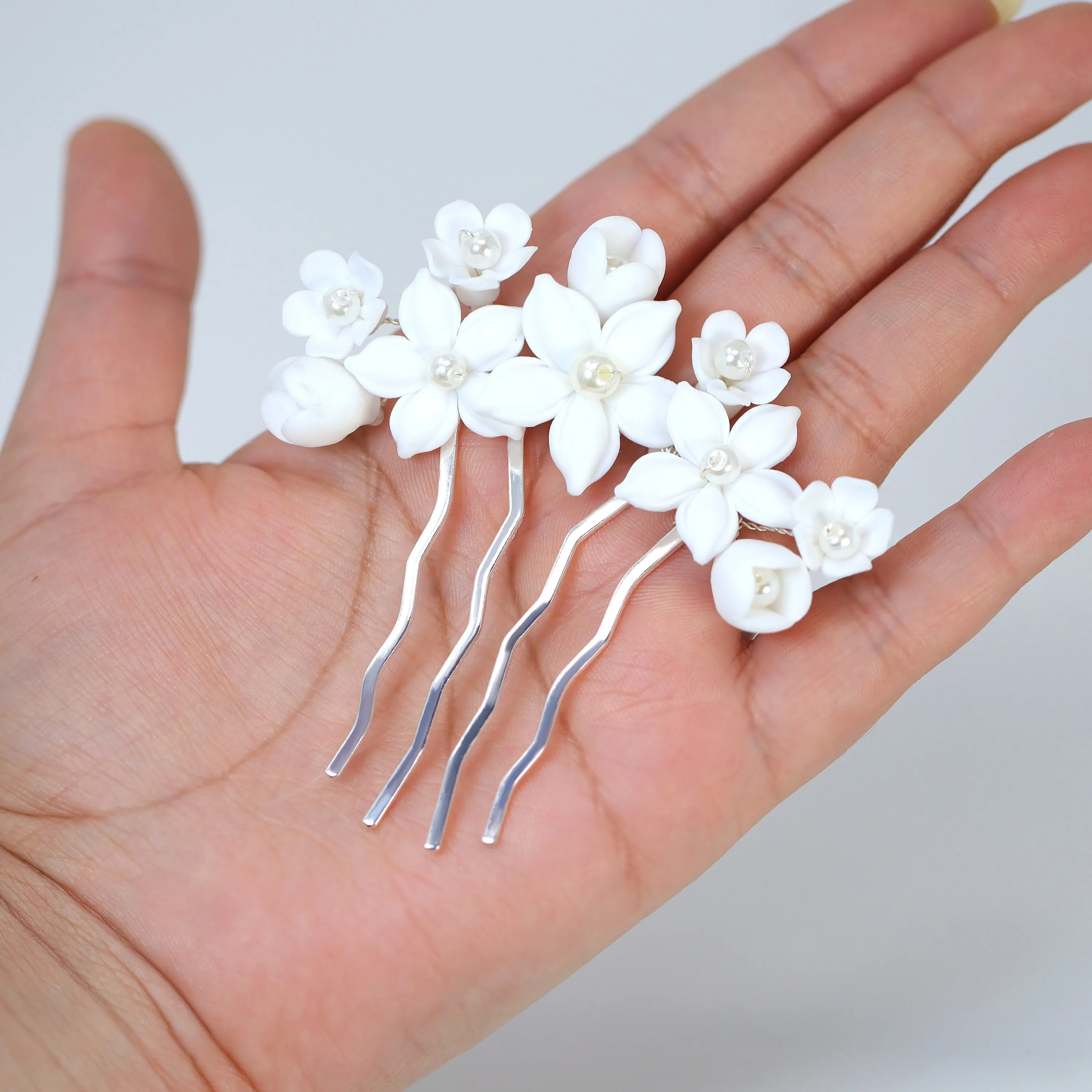 Ceramic White Lily flower Pearl Hair comb,  Bridal Hair piece, Bridal Hair Accessories, Wedding Hair Accessory.