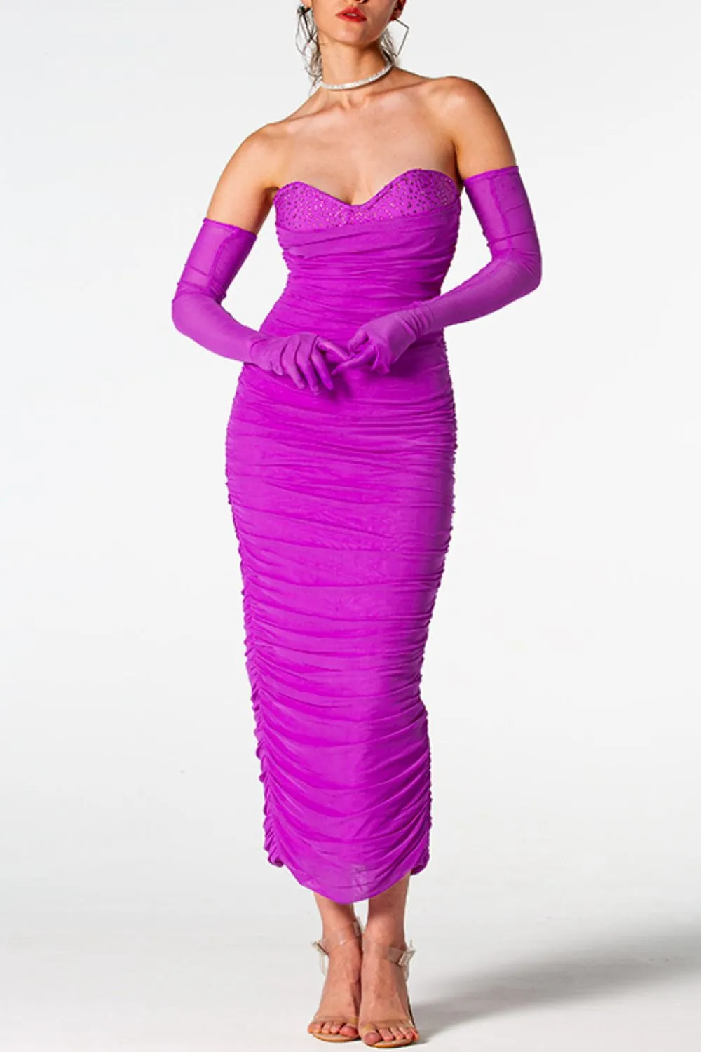 Classy Bodycon Dress with Gloves New Women's Fashion Magenta Rhinestone Trim Sweetheart Neckline Slit Ruched Maxi Dress KESLEY