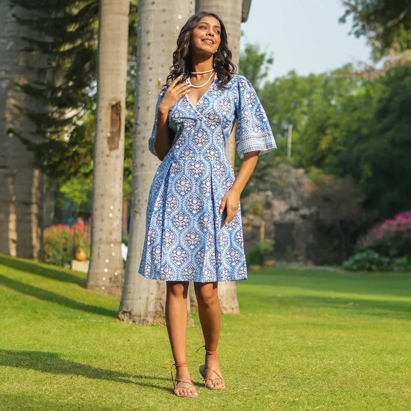 Cotton Blue Printed Dress for Women | Box Pleat