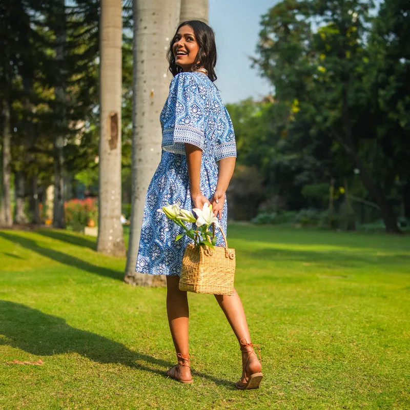 Cotton Blue Printed Dress for Women | Box Pleat