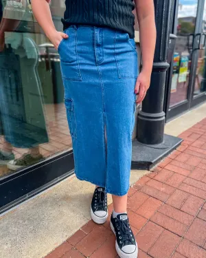 Denim Cargo Midi Skirt