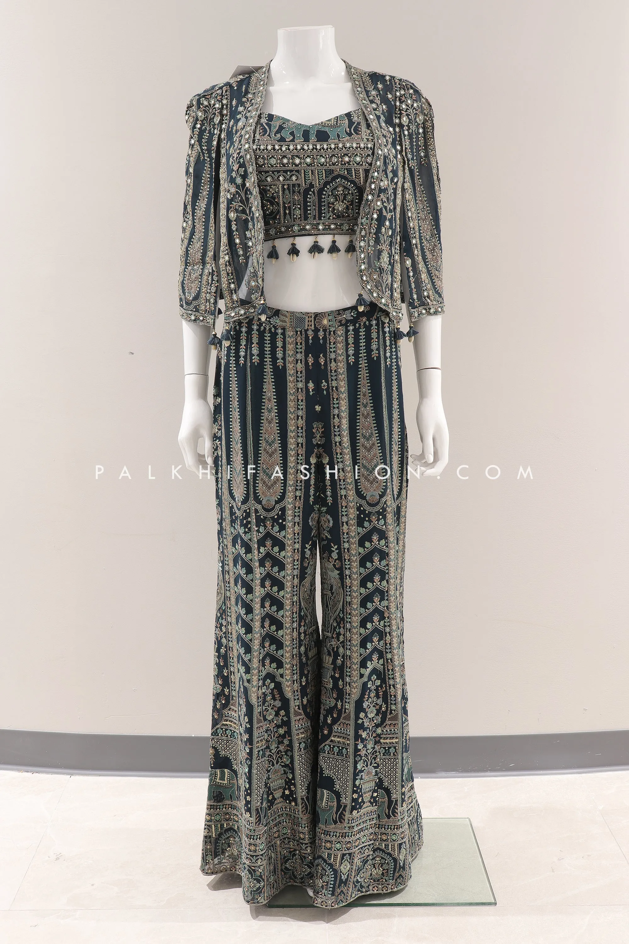 Emerald Elegance: Embroidered Palazzo Outfit With Jacket