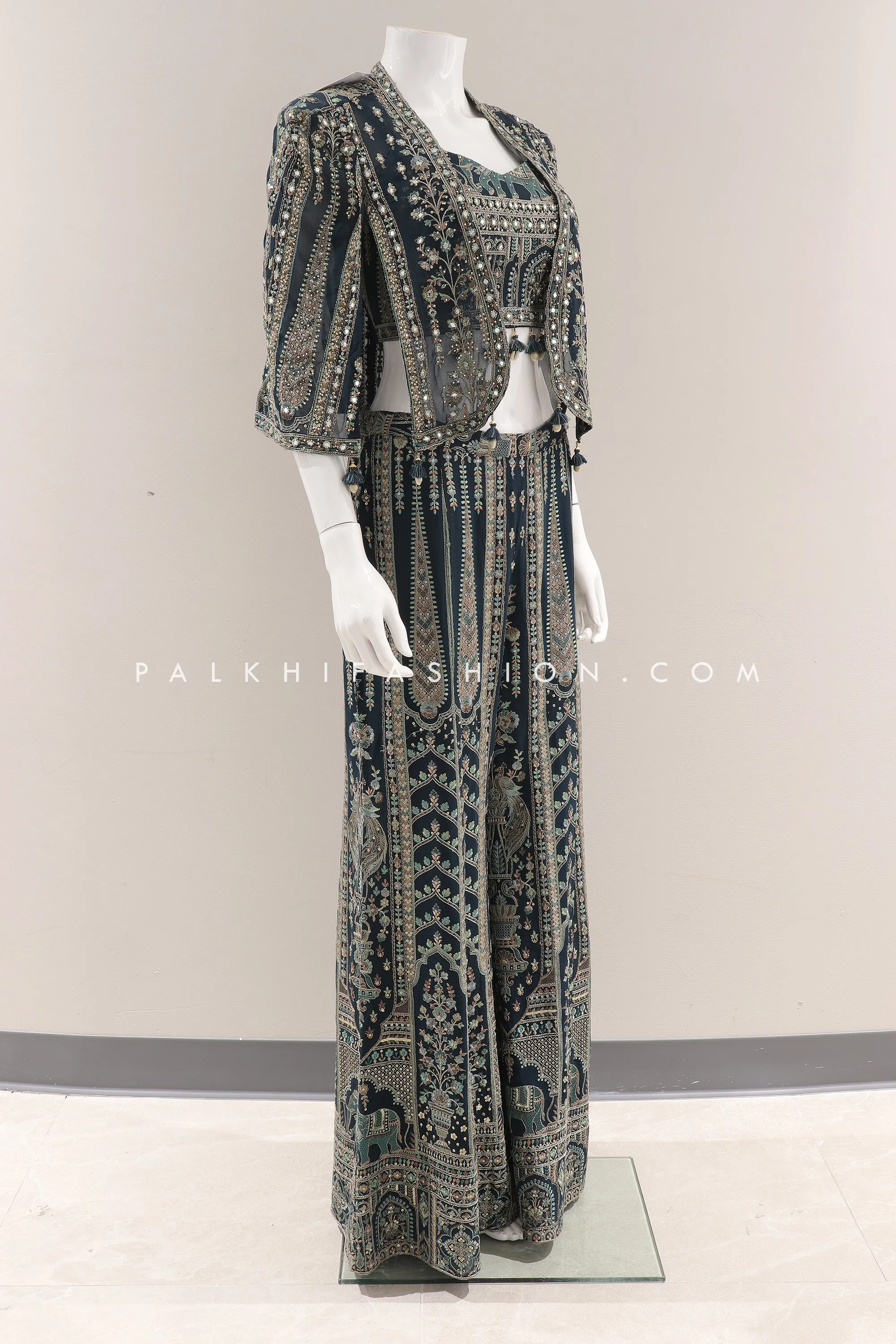 Emerald Elegance: Embroidered Palazzo Outfit With Jacket