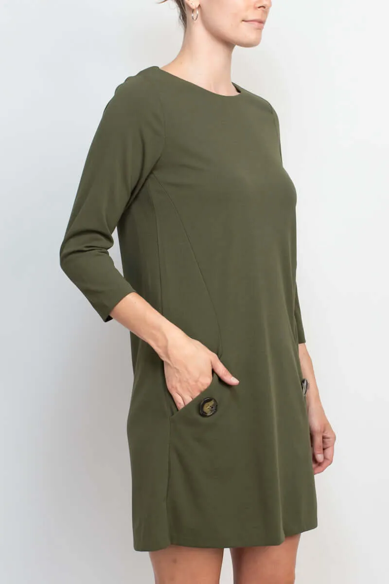 Emma & Michele Crew Neck 3/4 Sleeve Pockets Button Detail Crepe Dress