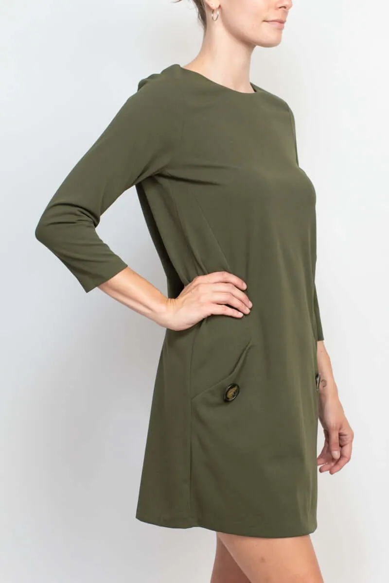 Emma & Michele Crew Neck 3/4 Sleeve Pockets Button Detail Crepe Dress