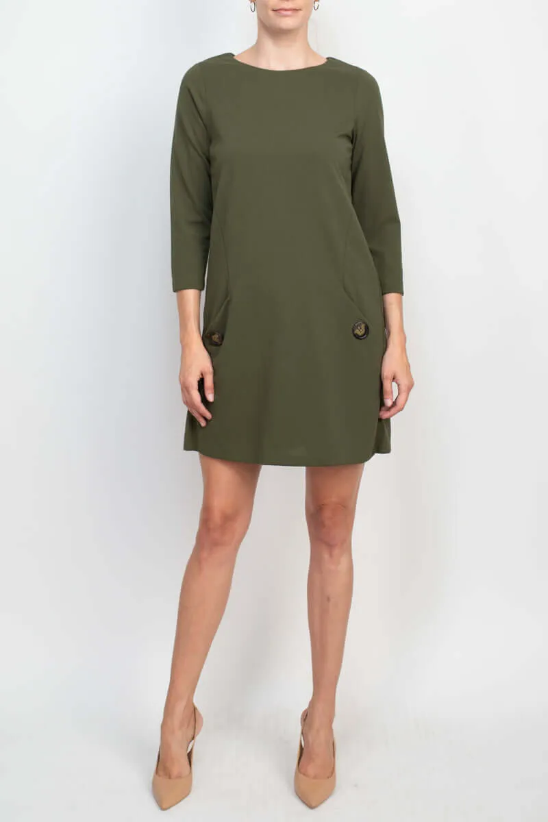 Emma & Michele Crew Neck 3/4 Sleeve Pockets Button Detail Crepe Dress