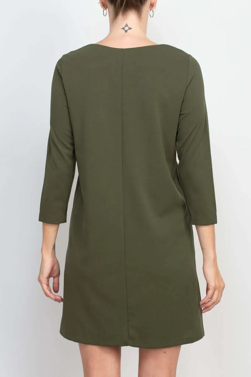 Emma & Michele Crew Neck 3/4 Sleeve Pockets Button Detail Crepe Dress