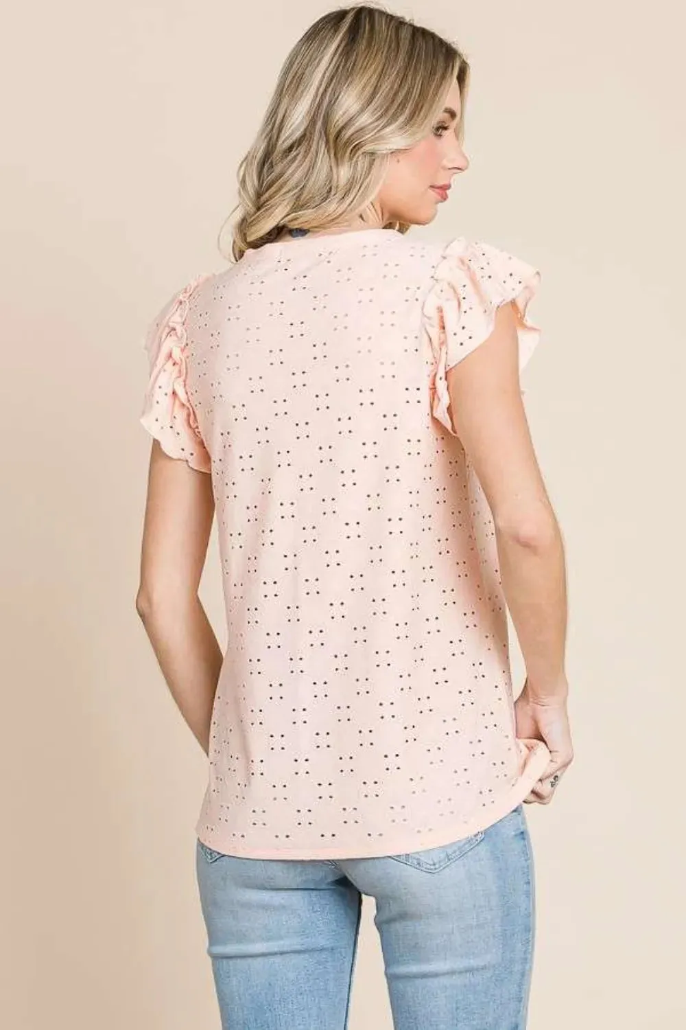 Eyelet Round Neck Ruffled Cap Sleeve Top