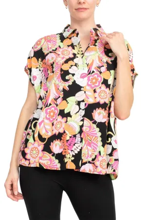 Floral & Ivy Floral Top - Versatile Black Red Yellow Mixed Jersey Knit Top