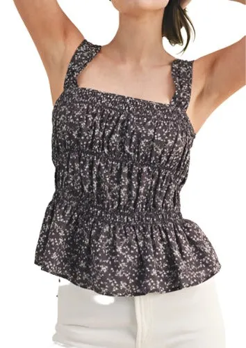 Floral Ruched Square Neck Tank Top