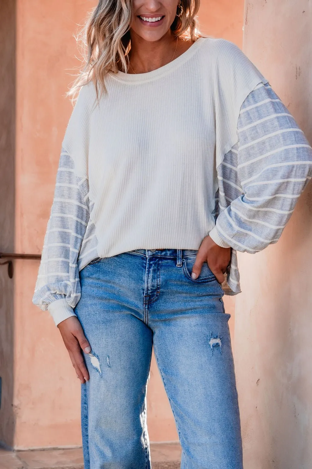 Grey and Cream Contrast Striped Sweater