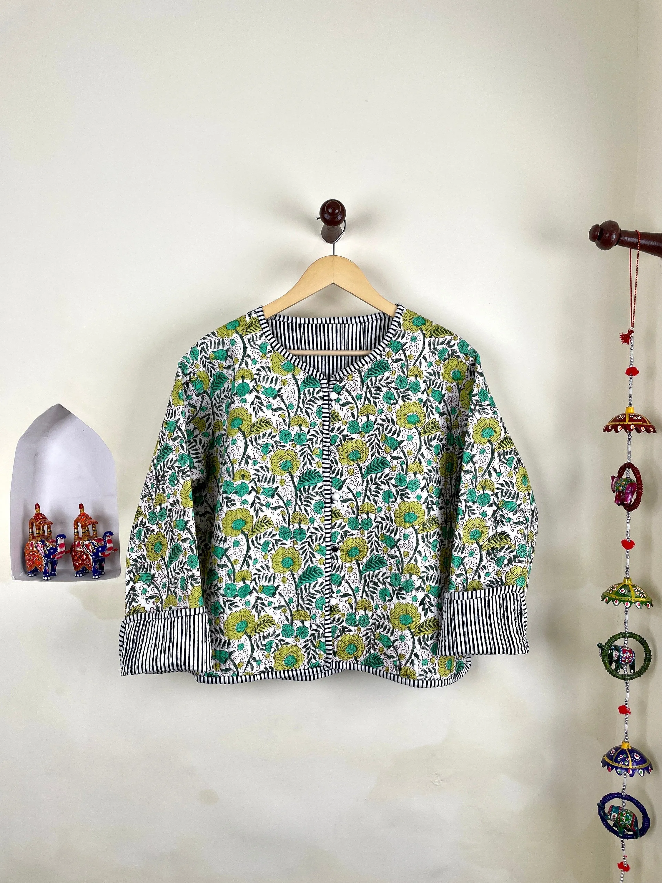 HandBlock Printed Quilted Cotton Jackets | White & Green Floral Women's Coat | Reversible Bohemian Style Indian Handmade Quilted Jackets