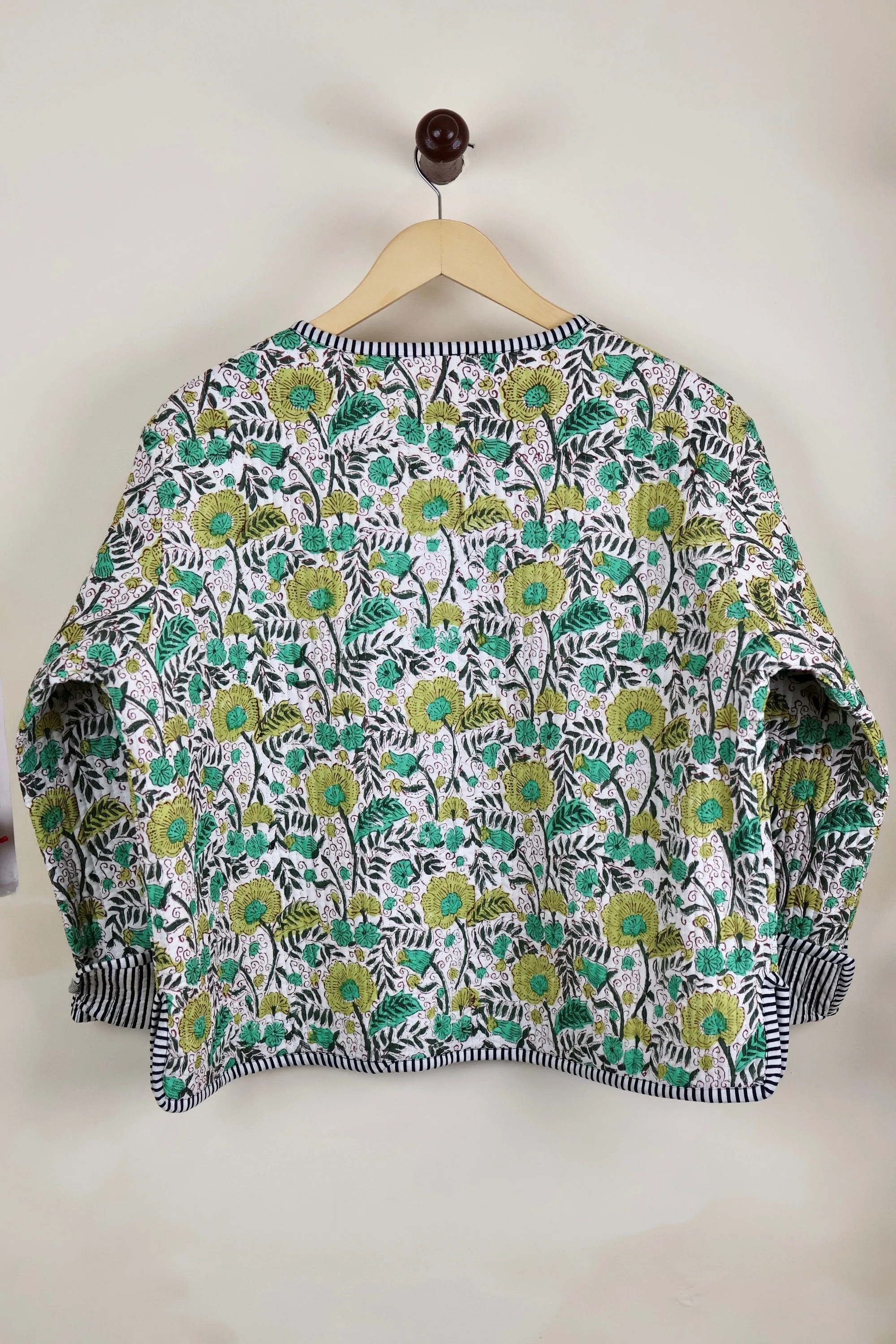 HandBlock Printed Quilted Cotton Jackets | White & Green Floral Women's Coat | Reversible Bohemian Style Indian Handmade Quilted Jackets