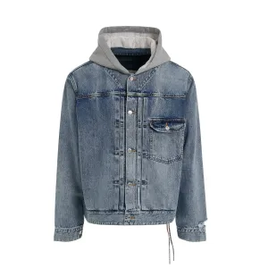 Hooded Logo Denim Trucker Jacket in Indigo