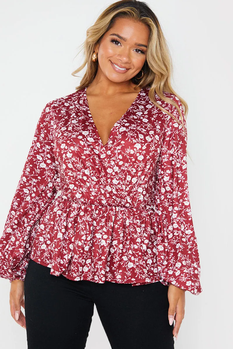 In the Style Wine Floral Peplum Top