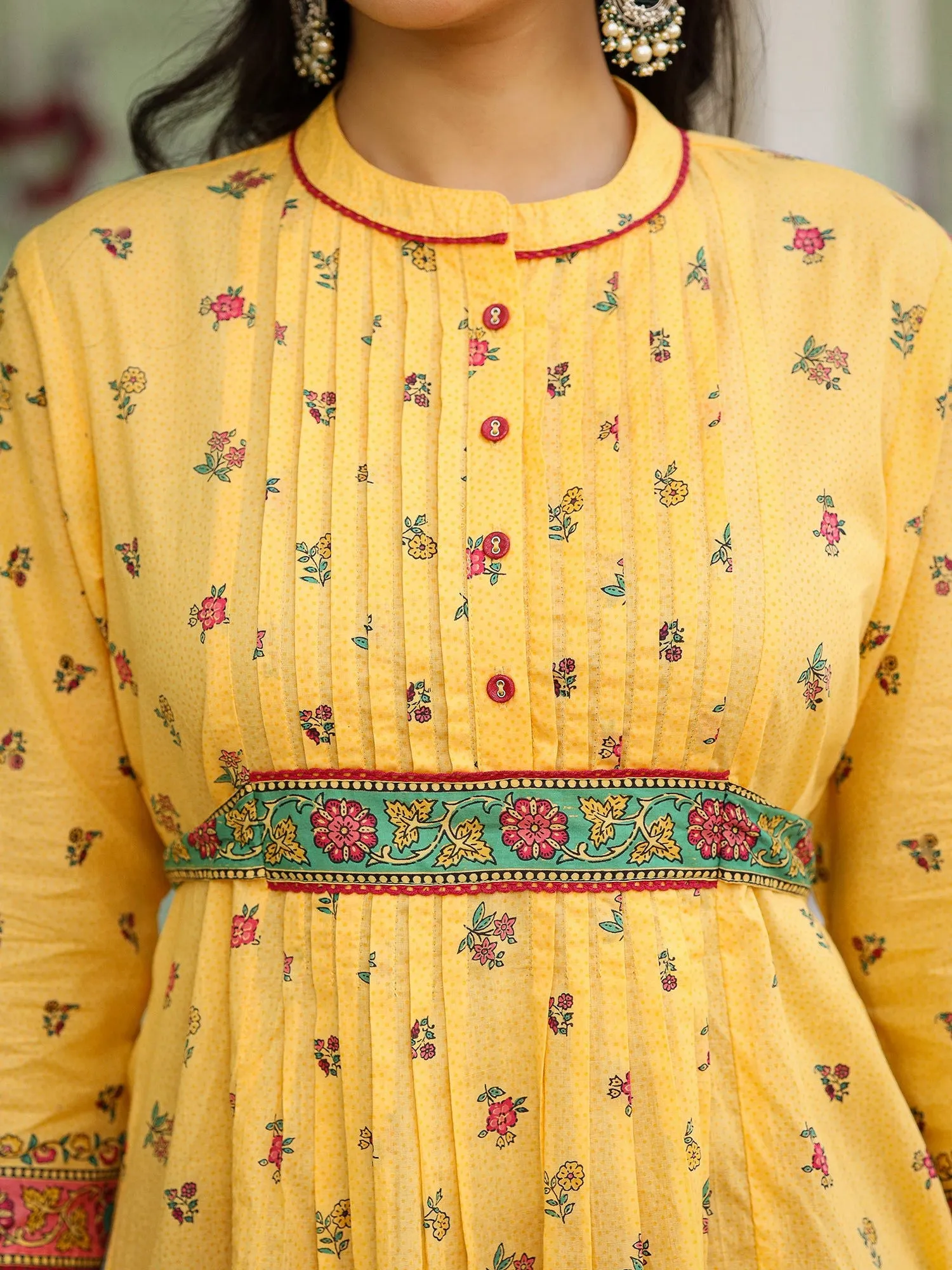 Juniper  Mustard Floral Printed Cotton Voile Tunic With Lace Work