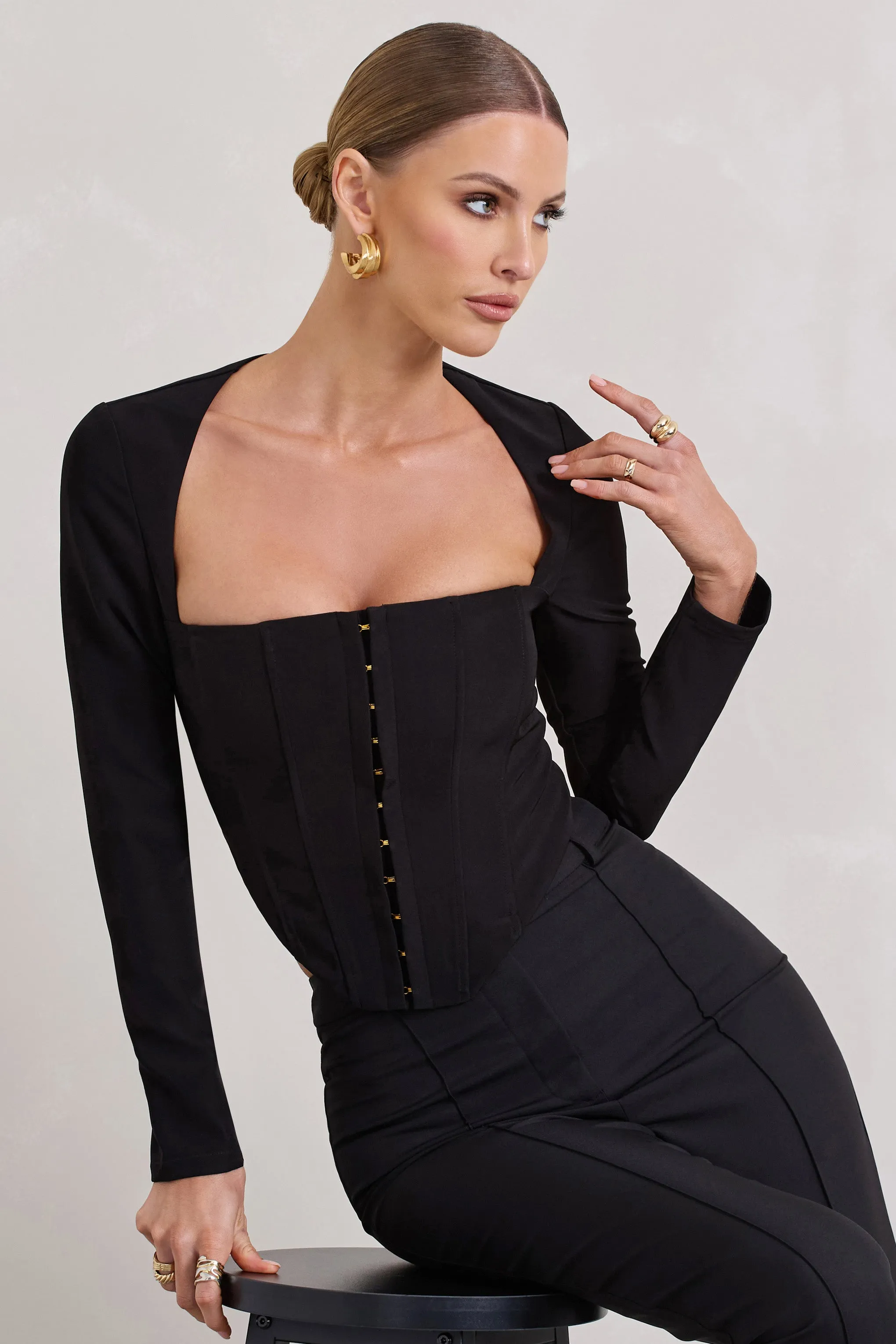 Kailey | Black Square-Neck Long-Sleeve Corset Top