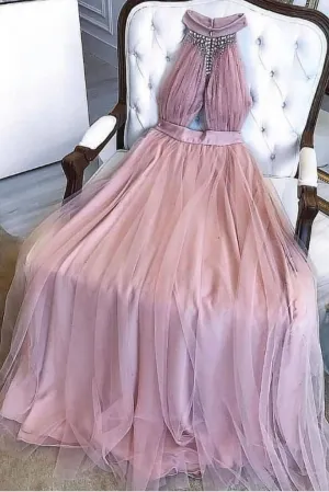 kamahe A-line Dusty Pink Prom Dresses Long Beading Formal Dresses