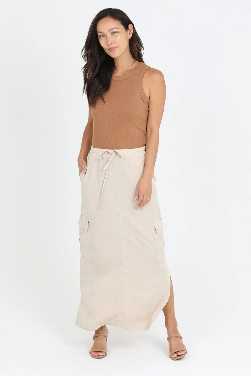 Khaki Tencel Denim Cargo Maxi Skirt