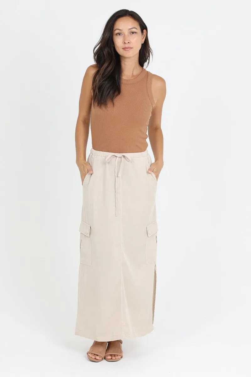 Khaki Tencel Denim Cargo Maxi Skirt