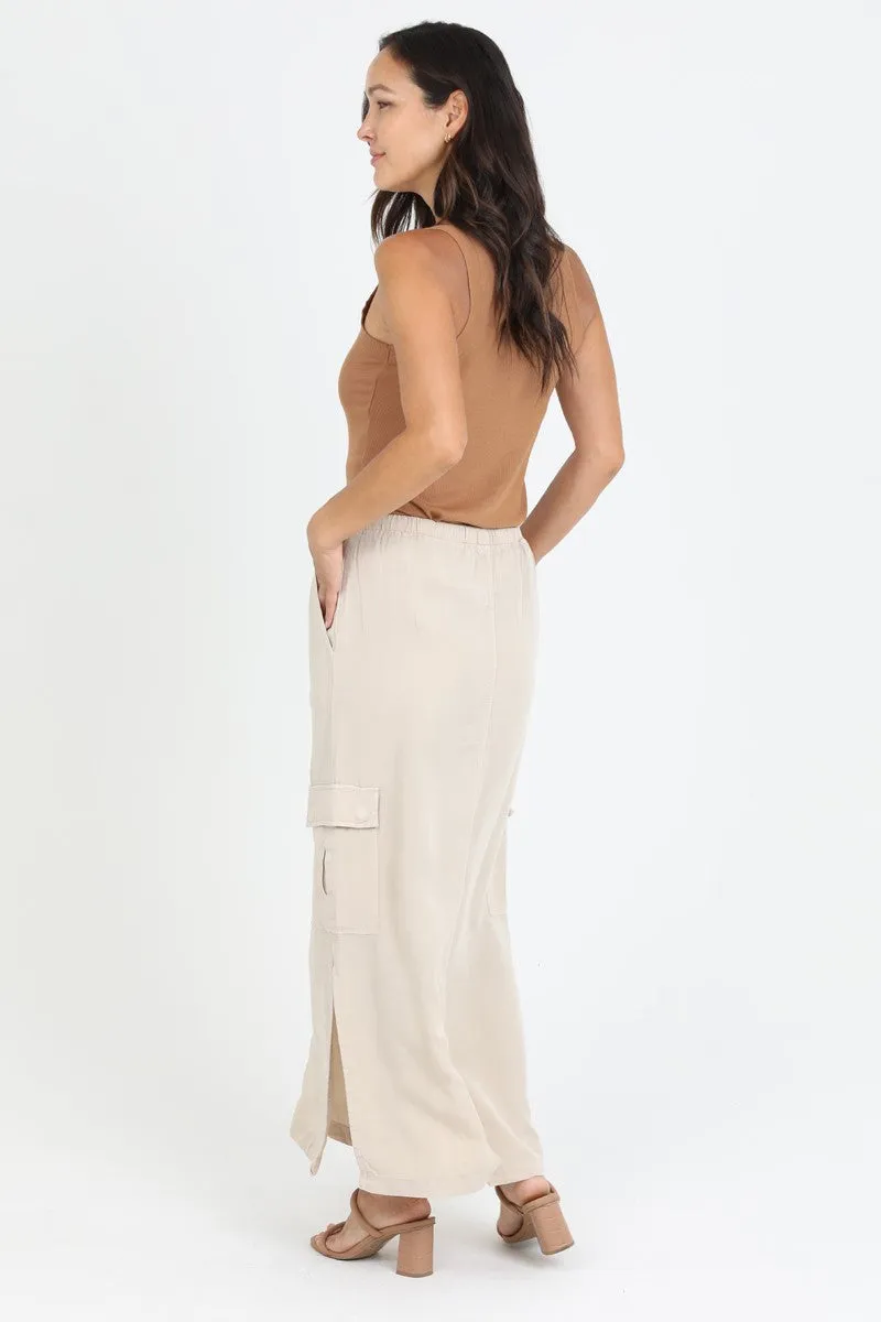 Khaki Tencel Denim Cargo Maxi Skirt