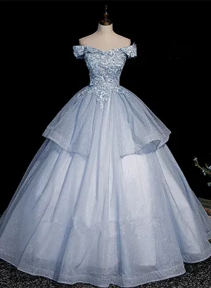 Light Blue Ball Gown Tulle with Lace Formal Dress, Blue Sweet 16 Dresses