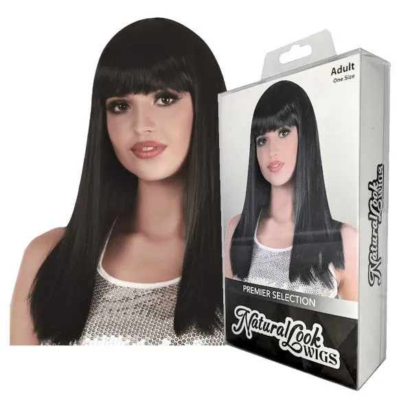 Long Black Wig w/Fringe-Natural Look Range