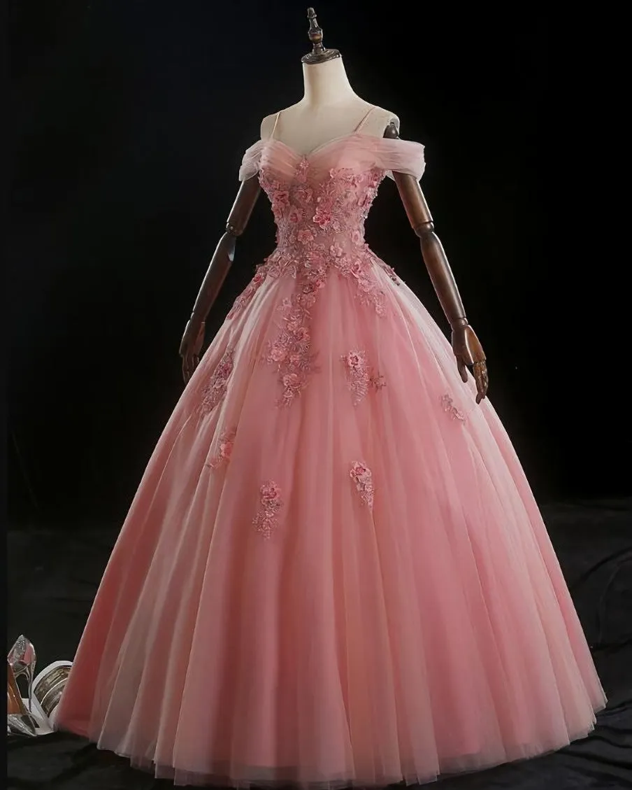 Lovely Pink Floral Tulle Off Shoulder Flowers Princess Gown, Pink Sweet 16 Formal Dresses