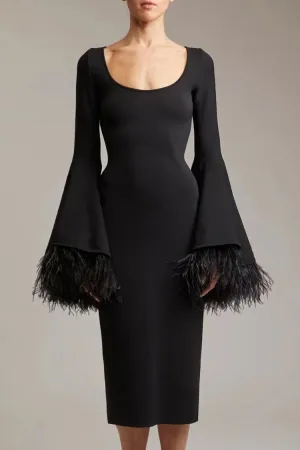 Luxury Scoop Neck Feather Cuff Long Sleeve Bandage Cocktail Midi Dress - Black