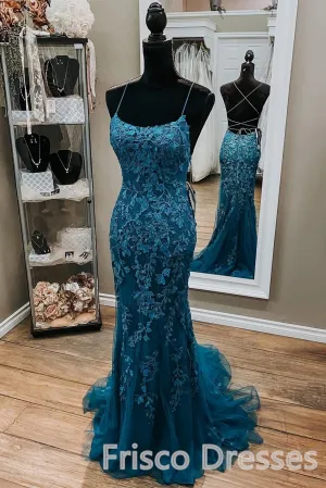 Mermaid Teal Lace Backless Mermaid Dark Teal Lace Long Prom Dresses Long Formal Evening Dresses