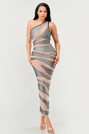 Metallic Bandage Mesh Insert Dress See Through Sexy Silver Tight Long Dress KESLEY