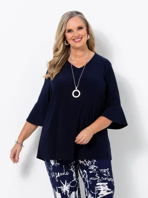 Navy Frill Sleeve V-Neck Jersey Top