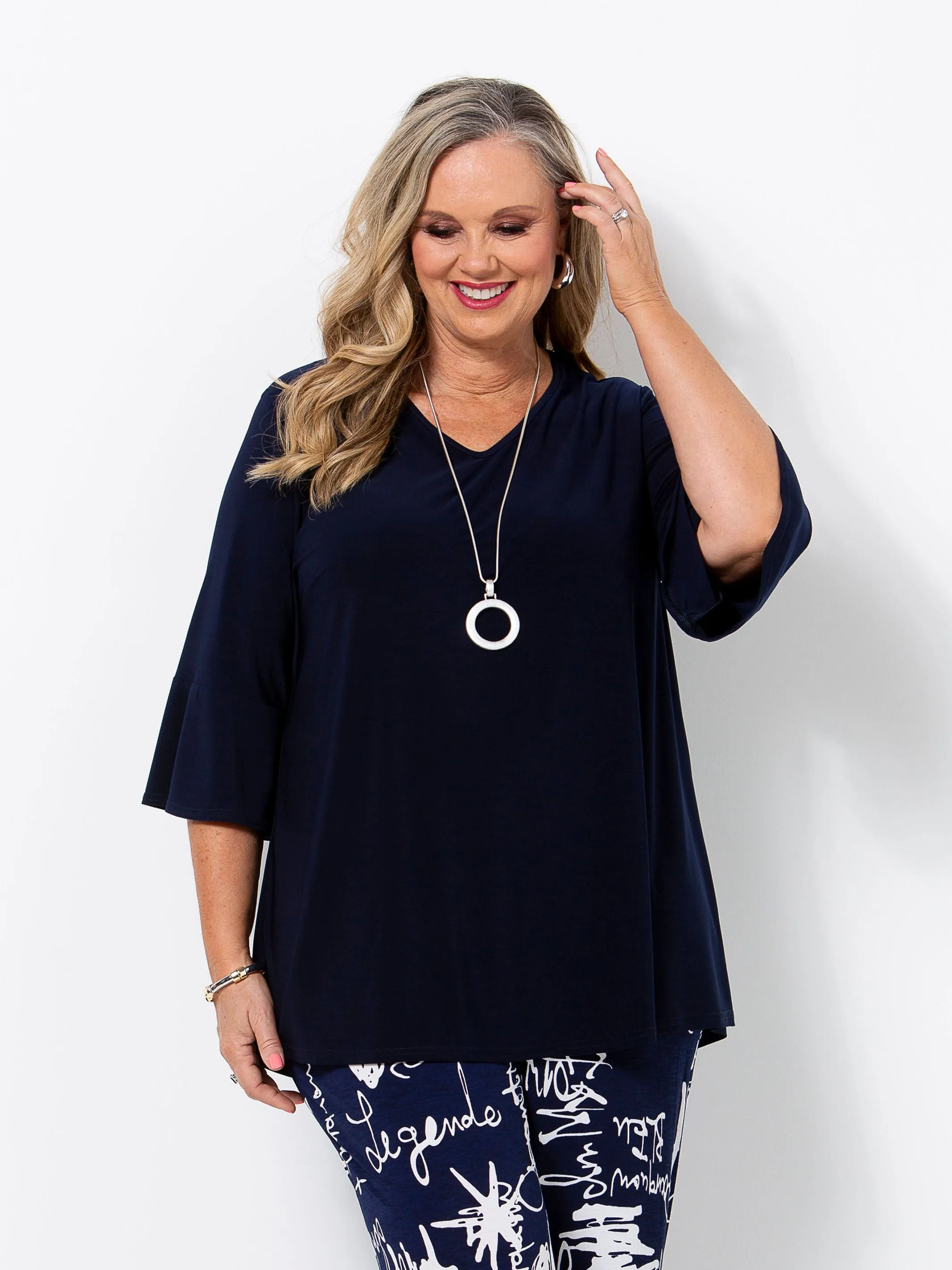 Navy Frill Sleeve V-Neck Jersey Top