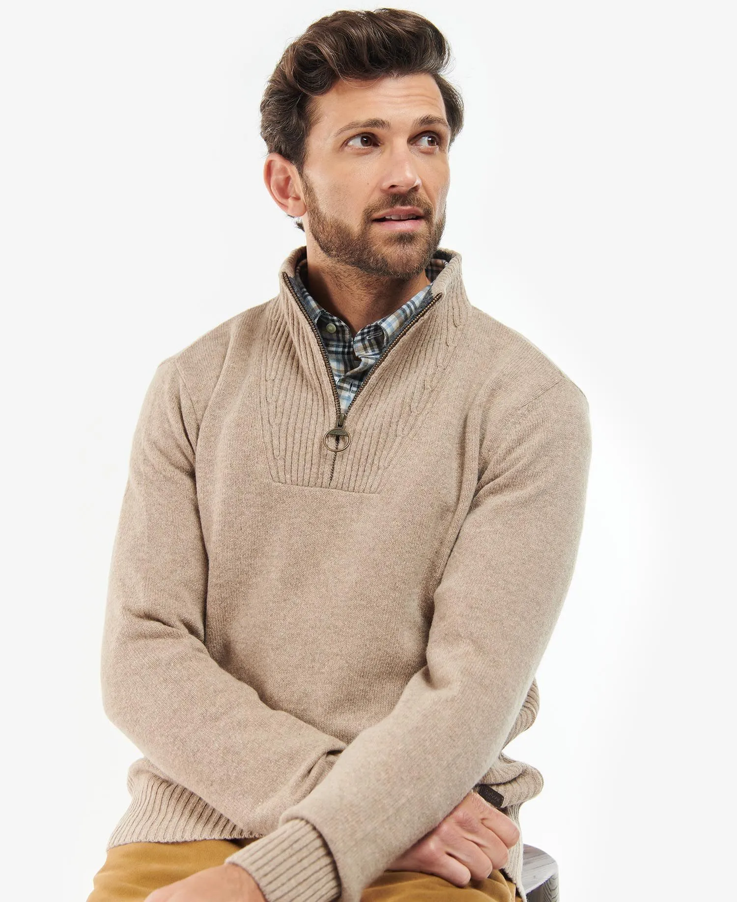 Nelson Essential Half-Zip Jumper in Stone by Barbour